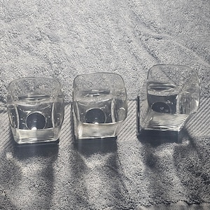 Vintage Pair of Square Glassware, Black Pedestal Bases, Mid Century Cocktail Glass Square Design Italian famous Di Saronno square glasses