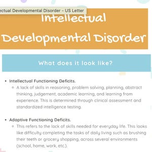 Puede incluir: Un gráfico azul claro y amarillo con el texto "Intellectual Developmental Disorder" en letras grandes y en negrita. El texto "What does it look like?" está en una fuente más pequeña debajo del título. El gráfico enumera las características del trastorno del desarrollo intelectual, incluidos los déficits de funcionamiento intelectual, los déficits de funcionamiento adaptativo y la edad de inicio. El gráfico también incluye información sobre cómo se diagnostica el trastorno en función del nivel de gravedad. El gráfico tiene una superposición púrpura con el texto "INSTANT DOWNLOAD!" en blanco.
