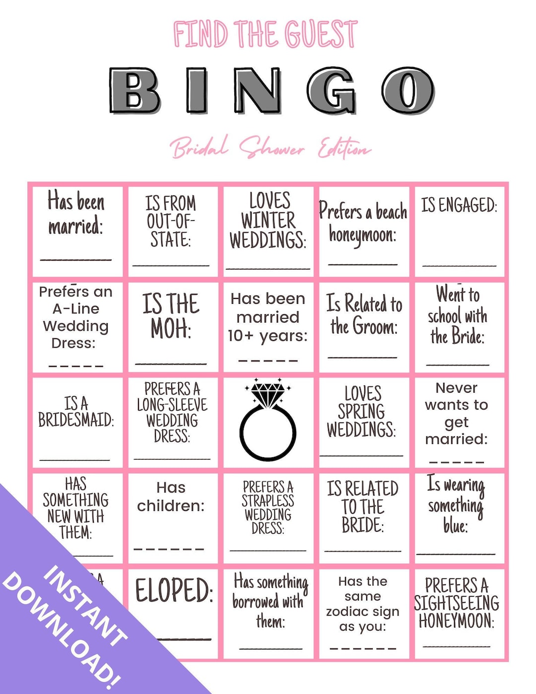 Bridal Shower Bingo Etsy