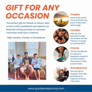 Puede incluir: Un gr&aacute;fico colorido con el texto "Regalo para cualquier ocasi&oacute;n" e im&aacute;genes de parejas, familias, amigos y abuelos usando un diario azul y blanco. El texto debajo del gr&aacute;fico dice "www.quotebookjournal.com".