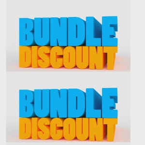Può includere: Due rendering 3D delle parole "BUNDLE DISCOUNT". La parola "BUNDLE" è in blu, sovrapposta alla parola "DISCOUNT" in giallo. Lo sfondo è grigio chiaro.