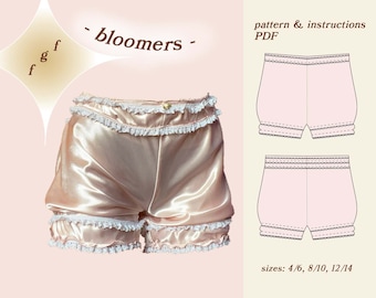 May include: A pattern for making bloomers with lace trim. The pattern includes instructions and is available in sizes 4/6, 8/10, and 12/14.