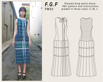 Pleated Drop Waist Dress With Bow, Sewing Pattern PDF