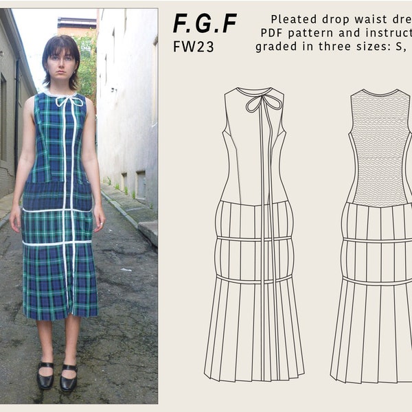Pleated Drop Waist Dress With Bow, Sewing Pattern PDF