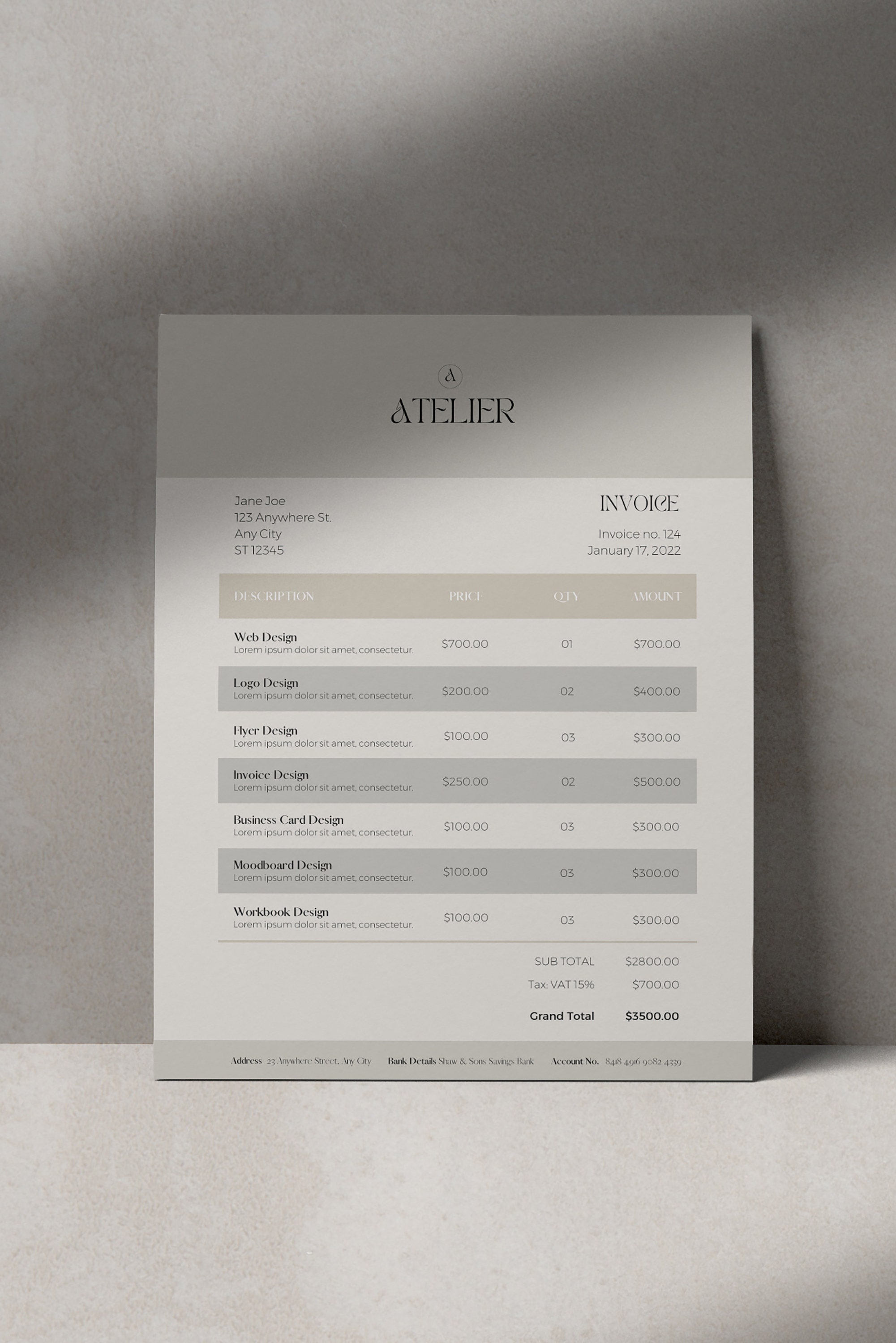Professional Wedding Photography Invoice