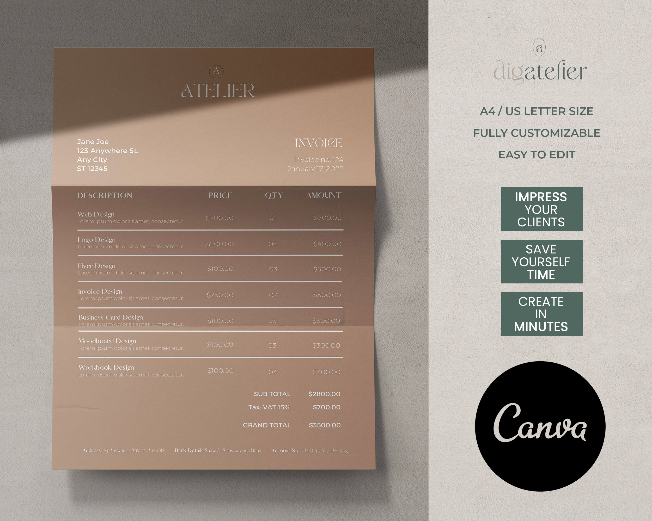 Printable Invoice Template Business Invoice Editable - Etsy