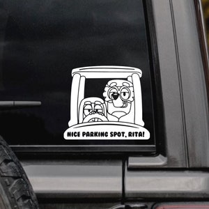 Nice parking spot, Rita Decal, bumper decals, bumper stickers, vinyl decal| white |blue dog stickers and decals, grannies.