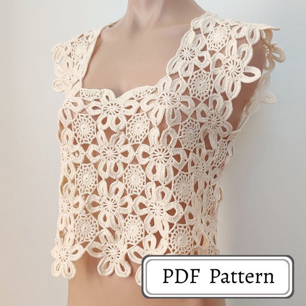 Crochet Flowers T-shirt Pattern, Beach Boho PDF Pattern, Summer Crochet Video Tutorial