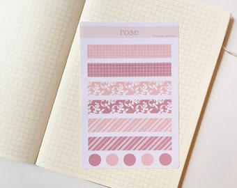 Rose Washi Tape Sticker Sheet, Floral Stripes, Bujo Stickers