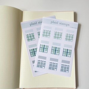 Cute Stationery Bullet Journal Stickers, Journaling Stickers, Aesthetic Sticker Sheet, Green Plaid Stamp Design, Planner and Agenda Stickers