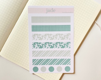 Jade Washi Tape Sticker Sheet, Floral Stripes, Bujo Stickers