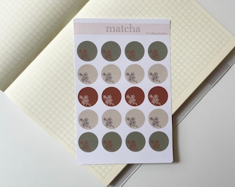Matcha Floral Circle Sticker Sheet, Bujo Stickers