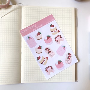 Foglio di adesivi per dessert alla fragola, set di adesivi per alimenti, adesivi per dessert disegnati a mano, collezione di adesivi per scrapbooking