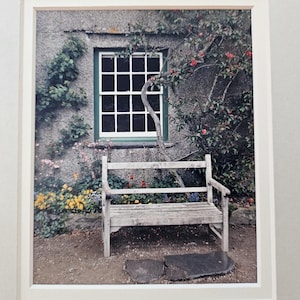 May include: A framed photograph of a weathered white wooden bench positioned in front of a stone wall with a multi-pane window featuring a dark green frame. A climbing plant with small red flowers grows along the wall near yellow flowers.