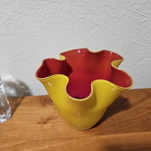 Vintage Hand Blown Handkerchief Glass Vase Yellow and Red