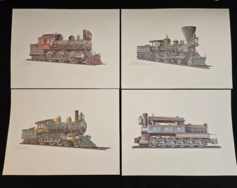 Set of 4 Locomotive Lithographs by Jerome Biederman Vintage 1960&#39;s