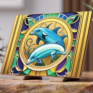 Art Nouveau & Art Deco Blue Dolphin Ceramic Tile, Ornate 1920s Style Pattern, Decorative 6x8 Photo Tile, Glossy and Matte Ceramic Wall Art