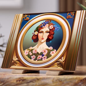 Art Nouveau & Art Deco Woman Portrait Ceramic Tile, Ornate 1920s Style Pattern, Decorative 6x8 Photo Tile, Glossy and Matte Ceramic Wall Art