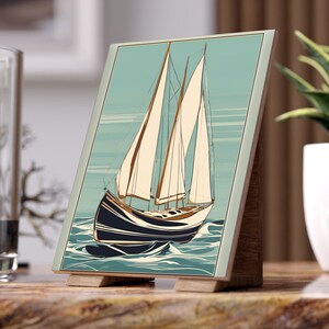 Art Nouveau & Art Deco Sailing Boat Ceramic Tile, Ornate 1920s Style Pattern, Decorative 6x8 Photo Tile, Glossy and Matte Ceramic Wall Art