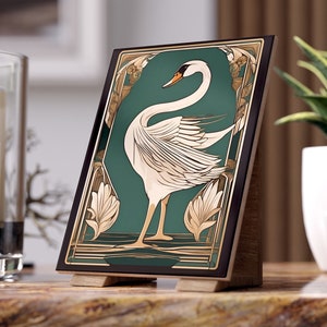 Art Nouveau & Art Deco Swan Portrait Ceramic Tile, Ornate 1920s Style Pattern, Decorative 6x8 Photo Tile, Glossy and Matte Ceramic Wall Art
