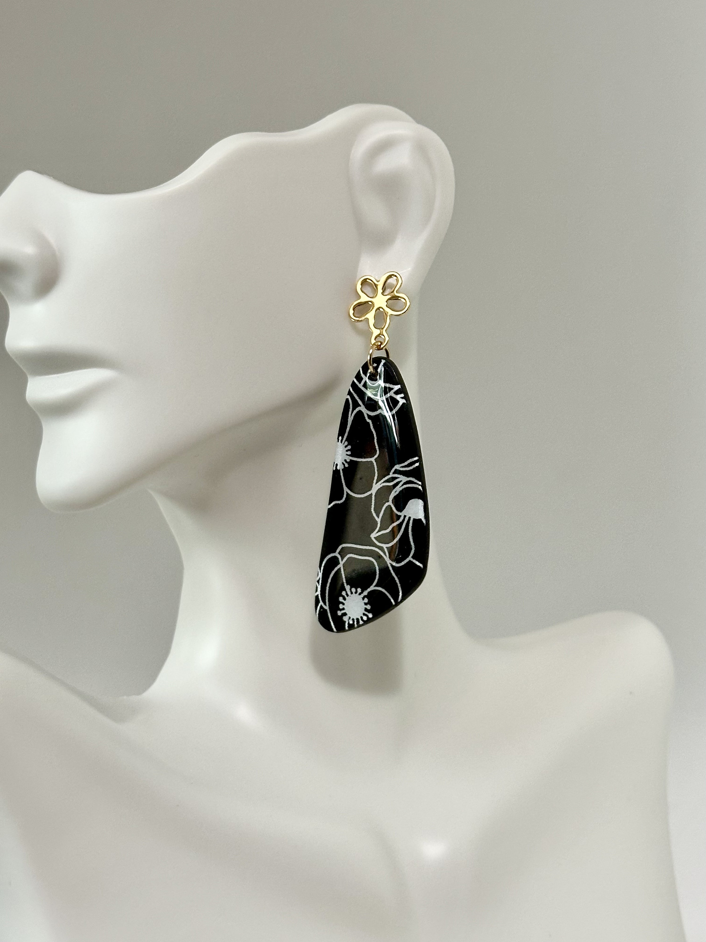 Polymer Clay Earrings, Scalene Triangle, Black, White Flower