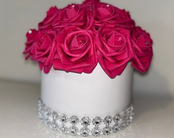 Round Flower Box with Silver Bling Ribbon, Rose Box, Rhinestones, Luxury Flower Box, Gift Box, Glam Decor, Glam Room, Home Decor, Gift Idea