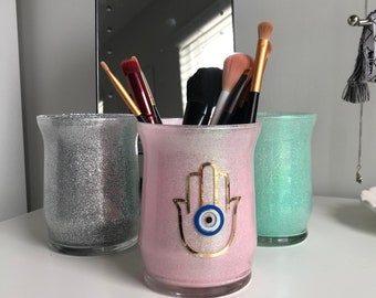 Hamsa Evil Eye Makeup Brush Holder, Pencil Pen Holder, Vanity Decor, Vanity Accessories, Office Accessories, Office Deor, Room Decor, Makeup