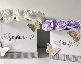 Personalized Flower Box, Customized Rose Box, Name on Flower Box, Gift Box, Gold Glitter Butterflies, Vanity Decor,Gifts for Her, Home Decor