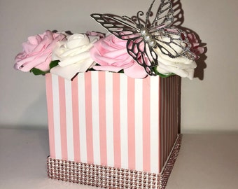 Pink and White Striped Rhinestone Flower Box, Rose Box, Luxury Flower Box, Glam Decor,Vanity Decor, Home Decor, Glam Room, Rose Gold Ribbon