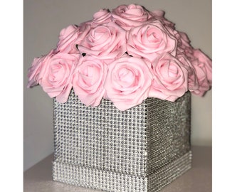 Rhinestone Flower Box, Bling Box, Rose Box, Luxury Flower Box, Glam Decor, Vanity Decor, Office Decor, Home Decor, Bling Flowers