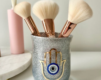 Hamsa Evil Eye Makeup Brush Holder, Vanity Decor, beauty room, home office decor