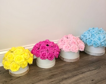 Round Luxury Flower Box, Rose Box, Glam Room Decor, Home Decor, Vanity Decor, Gifts for Her, Rhinestone Gift Box, Office Decor, Roses