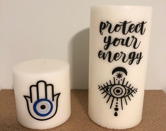 Hamsa Evil Eye Pillar Candles: Glam Home Decor, Set of 2