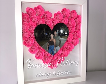 Heart Shadow Box, Cardstock Flowers, Couples Names, Gift for Couple, Gifts for Her, Photo Frame, Home Room Decor, Customized Gift,Glam Decor