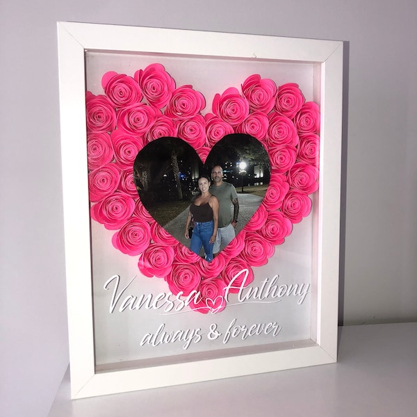 Heart Shadow Box, Cardstock Flowers, Couples Names, Gift for Couple, Gifts for Her, Photo Frame, Home Room Decor, Customized Gift,Glam Decor