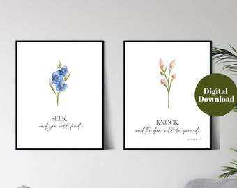 Arte de parede de versículos da Bíblia | Versículo da Bíblia para impressão | Mateus 7:7 | Conjunto de dois | Download instantâneo | Impressão digital | Presente Cristão | Decoração de casa