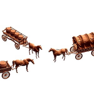 May include: Three wooden horse-drawn wagons with brown horses. One wagon is carrying barrels, one is carrying a single barrel, and the third wagon has a canvas top.