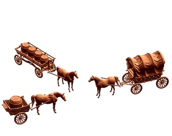May include: Three wooden horse-drawn wagons with brown horses. One wagon is carrying barrels, one is carrying a single barrel, and the third wagon has a canvas top.