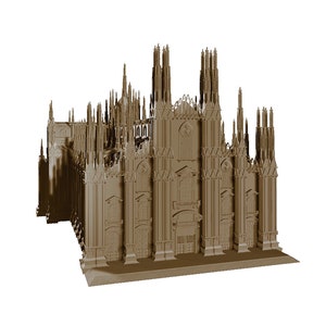 Può includere: Un modello dettagliato di una grande cattedrale ornata con uno schema di colori marrone. Il modello presenta dettagli intricati, tra cui guglie, archi e finestre.