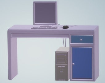 May include: A light purple computer desk with a matching monitor, keyboard, and mouse. The desk has a built-in cabinet with a blue door and drawer. A beige computer tower sits beside the cabinet. The desk is approximately 48 inches wide.
