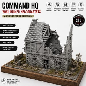 司令部STLファイル｜第二次世界大戦の廃墟となった司令部ビル｜28mmウォーゲーム用地形｜3Dプリント可能なジオラマ