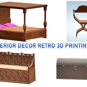 May include: Four 3D printed wooden furniture pieces in a retro style. A four-poster bed, a bench, a chest, and a chair.