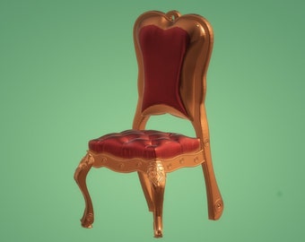 May include: A regal chair with a red, tufted seat and backrest. The chair features ornate gold-colored trim and curved legs, set against a soft green background. The design is reminiscent of classic, antique furniture.