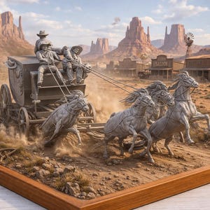 May include: A detailed diorama depicts a stagecoach pulled by four horses racing through a desert town. The scene includes figures, buildings, and a sign that reads "Tombstone". The artwork is set in a wooden frame.