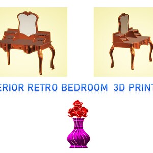 May include: Two antique-style vanity tables with ornate legs and a mirror. The tables are made of wood and have a reddish-brown finish. The tables are set against a light yellow background.  INTERIOR RETRO BEDROOM 3D PRINTING text is below the tables. A vase with red roses is below the text.