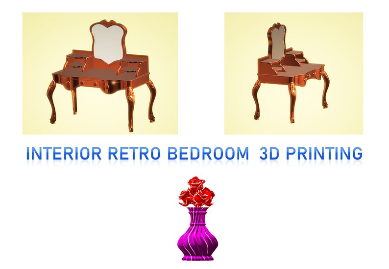 May include: Two antique-style vanity tables with ornate legs and a mirror. The tables are made of wood and have a reddish-brown finish. The tables are set against a light yellow background.  INTERIOR RETRO BEDROOM 3D PRINTING text is below the tables. A vase with red roses is below the text.
