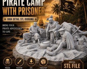 Puede incluir: Un diorama digital imprimible en 3D con tres figuras de piratas en un campamento. La escena incluye un pirata sentado, uno de pie y un prisionero encadenado. El texto dice PIRATE CAMP WITH PRISONER, HIGH DETAIL STL DIORAMA y DIGITAL STL FILE.