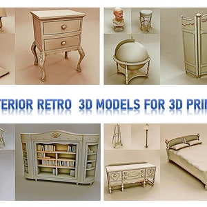 May include: A collection of 3D printed retro interior design models, including a bed, a bookshelf, a nightstand, a globe, a lamp, a clock, and a decorative screen.  The models are all made in a light wood color and have a vintage style.  INTERIOR RETRO 3D MODELS FOR 3D PRINTING.