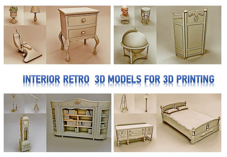 May include: A collection of 3D printed retro interior design models, including a bed, a bookshelf, a nightstand, a globe, a lamp, a clock, and a decorative screen.  The models are all made in a light wood color and have a vintage style.  INTERIOR RETRO 3D MODELS FOR 3D PRINTING.
