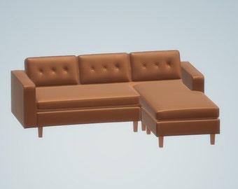 May include: A brown leather sectional sofa with a tufted back and wooden legs. The sofa has a chaise lounge on the right side.
